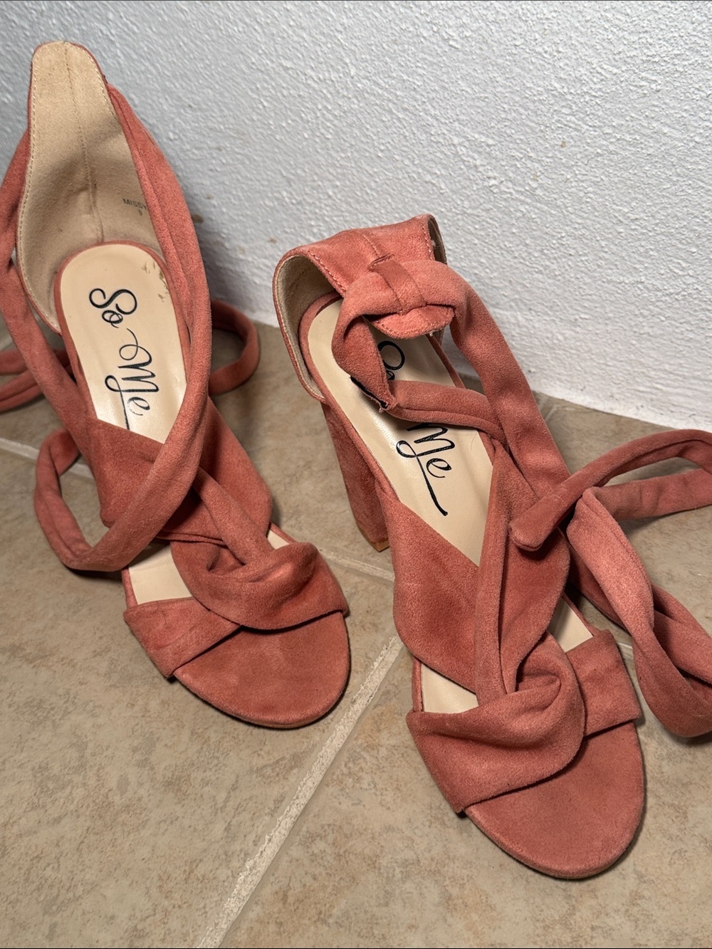 Women’s Suede Wrap Block-Heel Sandals in Dusty Rose